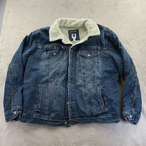 Gap Mens Jean Jacket Size XL Blue Denim Sherpa Lined Collared Button Up Cozy - Picture 12 of 14
